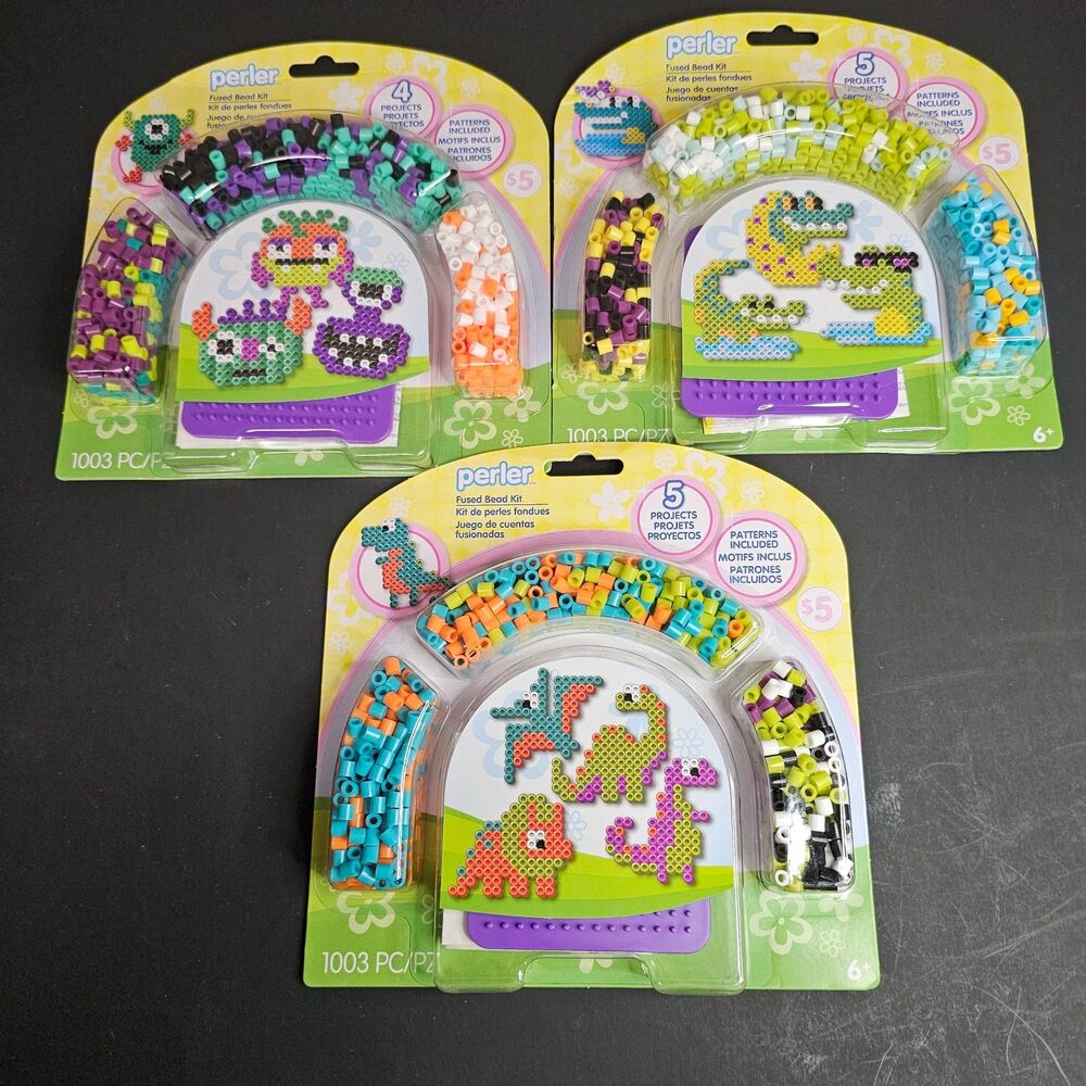 Lot 3 Perler Fused Beads Activity Kits 14 Projects Dinosaurs Monsters Alligators